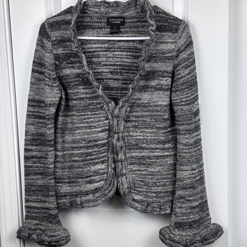 Tashia London Cashmere Womens M 100% Cashmere Ruffle Cardigan Gray Nepal